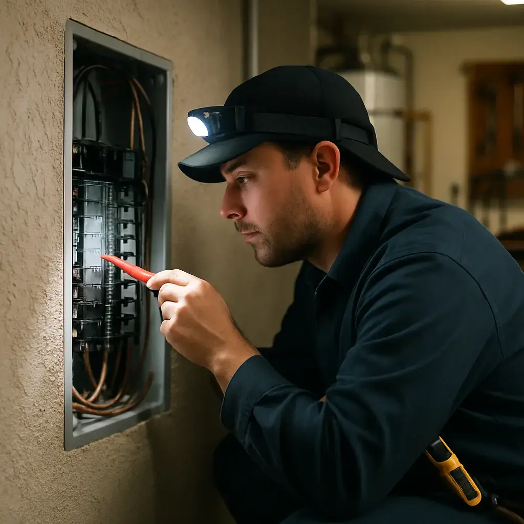 Electrician inspecting an open circuit breaker panel in a Sunnyvale garage