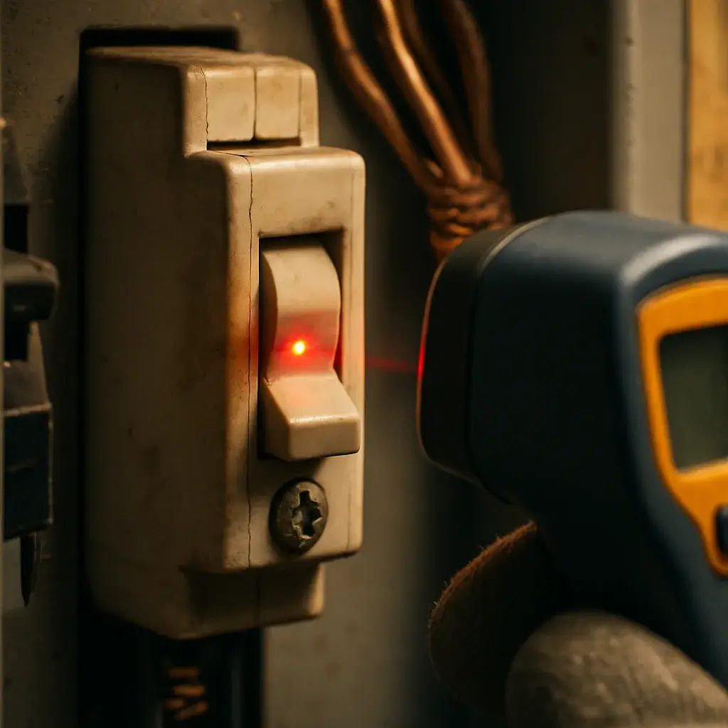 electrical-panel-repair-warm-breaker-inspection-sunnyvale Close-up of a discolored circuit breaker being tested for heat damage