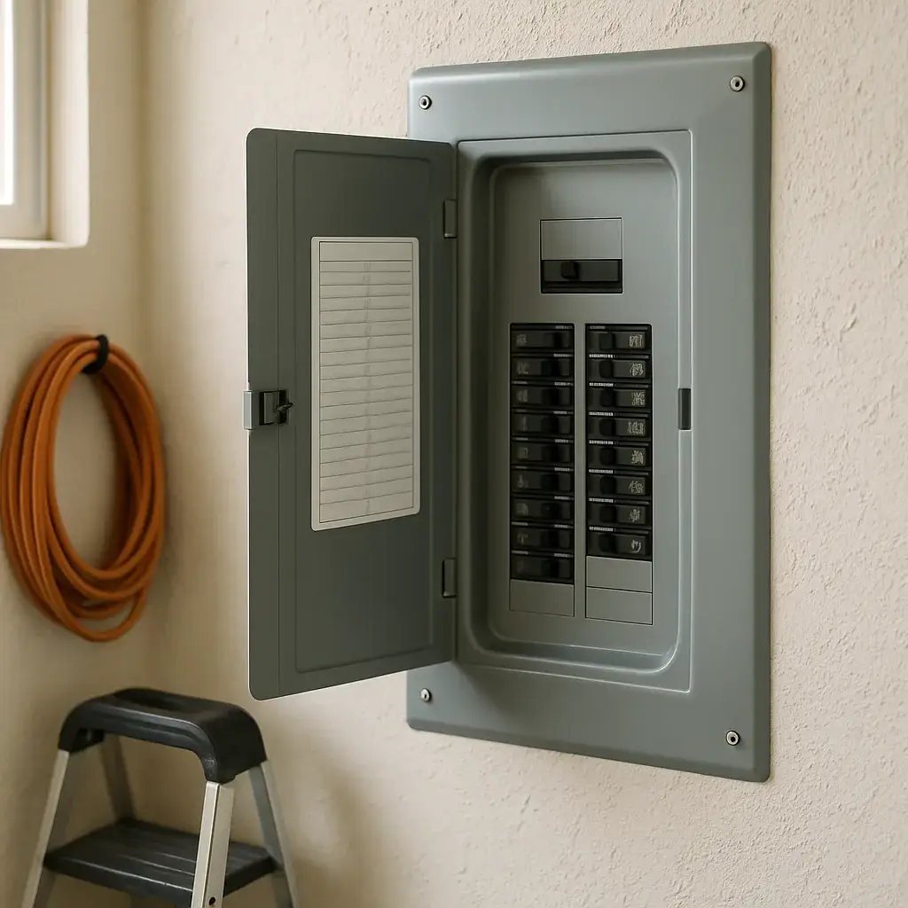 electrical-panel-repair-completed-panel-sunnyvale Repaired electrical panel with clean breakers and updated labels in Sunnyvale home