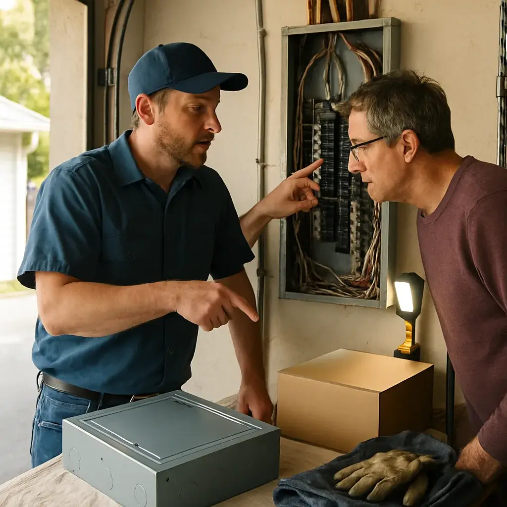 Electrical panel upgrade cost walkthrough between contractor and homeowner in Sunnyvale garage