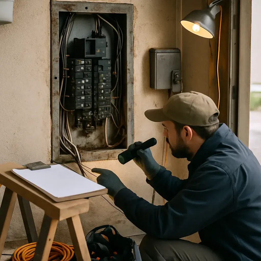 Technician inspecting an aging electrical panel during a replacement in Sunnyvale