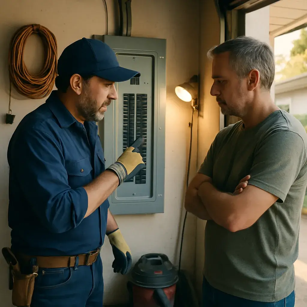 Contractor and homeowner discuss electrical panel replacement fit in Sunnyvale garage