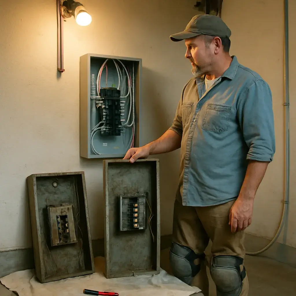 Contractor comparing old and new electrical panel during replacement in Sunnyvale garage
