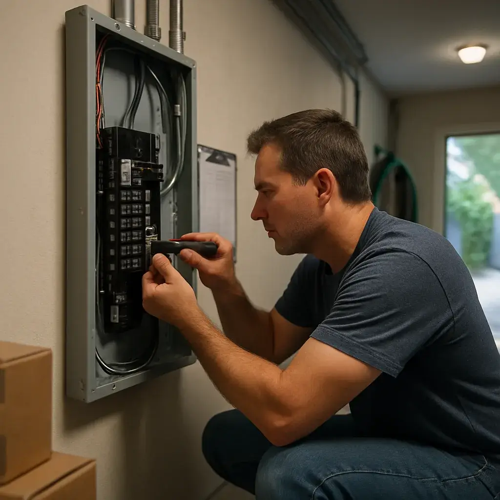 Electrician installing new circuit breaker during panel replacement in Sunnyvale garage