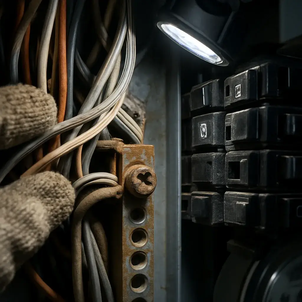 electrical-panel-upgrade-grounding-lug-wiring-cost-factor Close-up of corroded panel grounding lug affecting electrical panel upgrade pricing