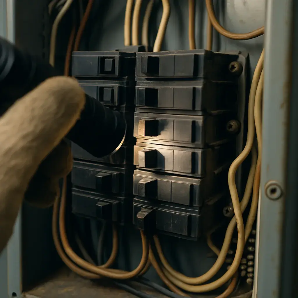 Close-up of discolored breaker inside panel during electrical inspection in Sunnyvale