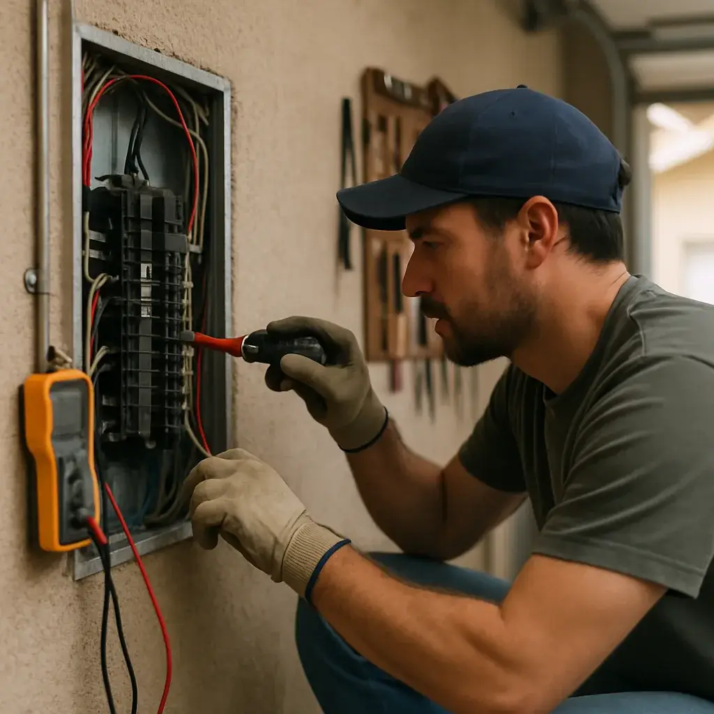 Electrician diagnosing home electrical panel during power restoration service in Sunnyvale