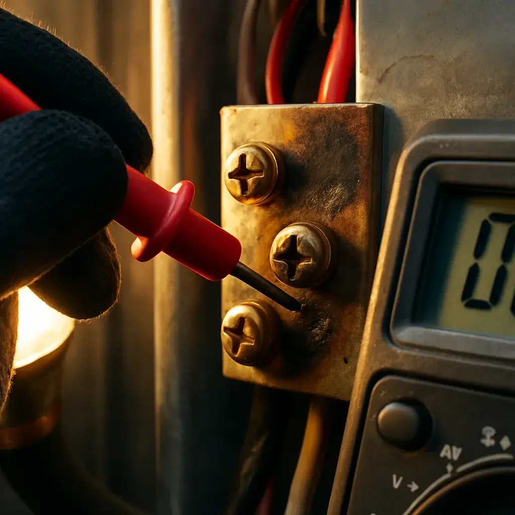 electrical-power-restoration-breaker-terminal-test-sunnyvale Close-up of multimeter testing a breaker terminal during electrical power restoration in Sunnyvale