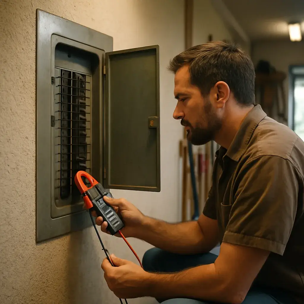Technician using clamp meter during electrical safety inspection on home panel in Sunnyvale