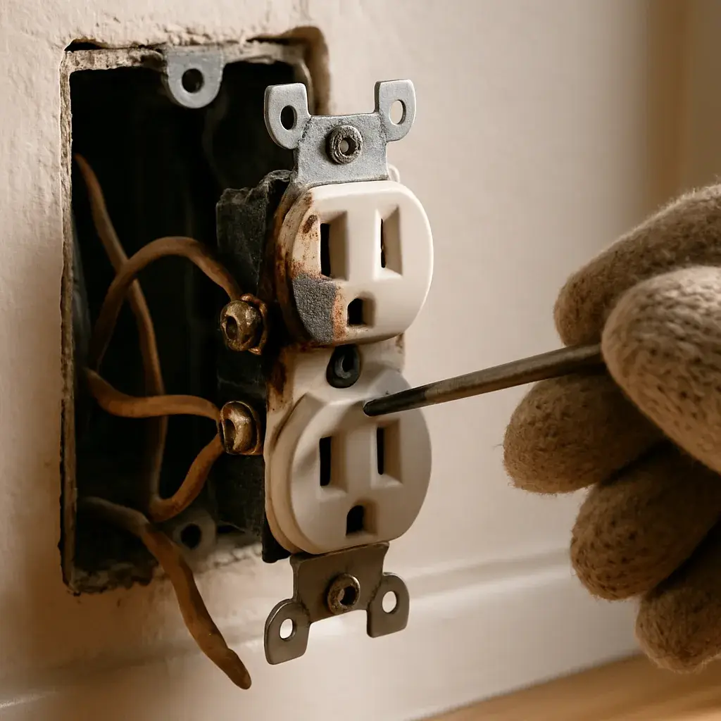 Close-up of scorched outlet wiring found during electrical safety inspection in Sunnyvale home
