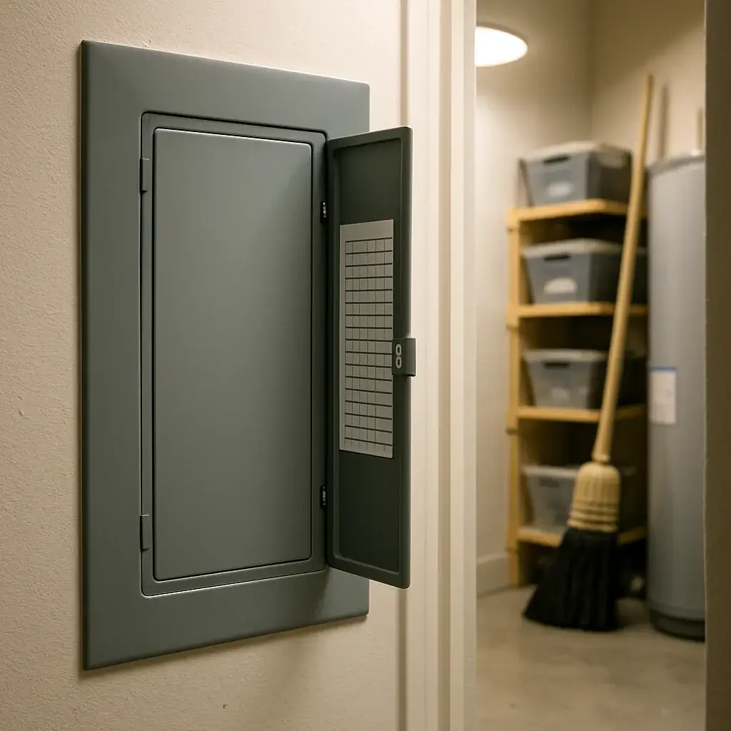 Labeled circuit panel after completed electrical safety inspection in Sunnyvale home utility closet
