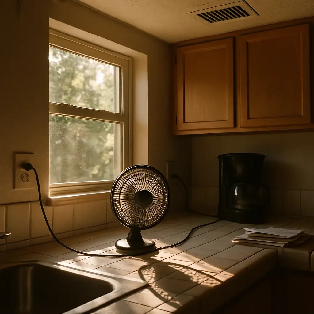 Kitchen counter with fan and outlet showing summer electrical load in Sunnyvale home