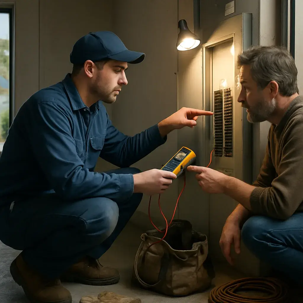 Electrical troubleshooting technician testing breaker panel with homeowner in Sunnyvale garage