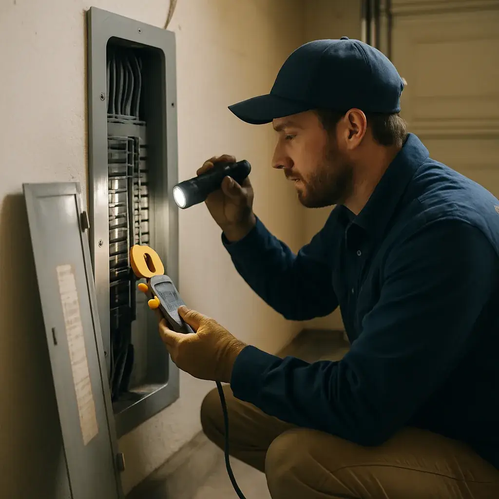 Electrician troubleshooting a breaker panel during electrical service in Sunnyvale