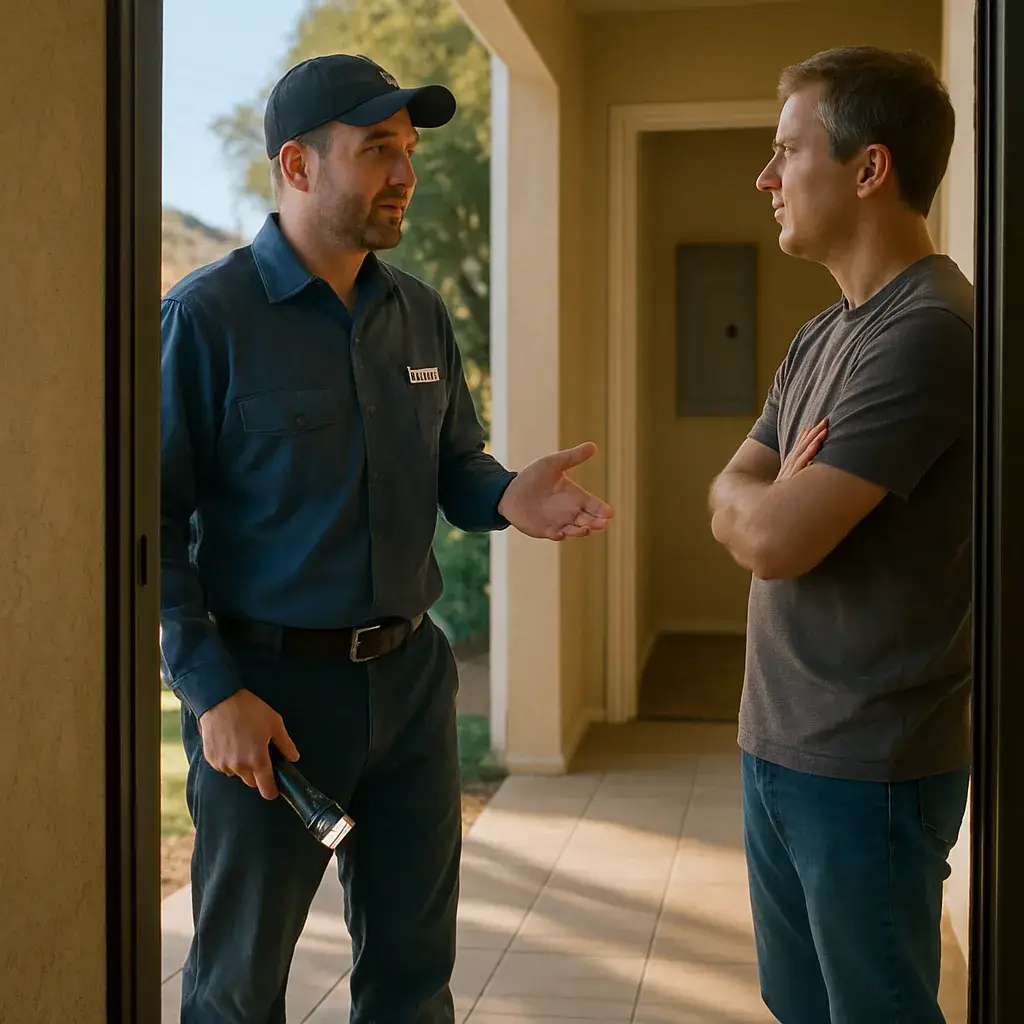HVAC technician explaining electrical troubleshooting scope to homeowner at door