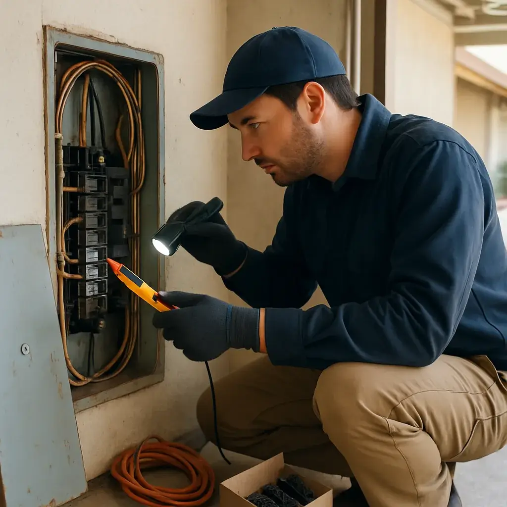 Electrical troubleshooting technician testing panel wiring in Sunnyvale garage