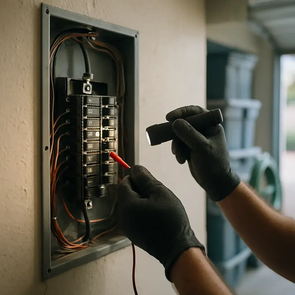 Technician using multimeter to test electrical panel breaker during troubleshooting visit in Sunnyvale