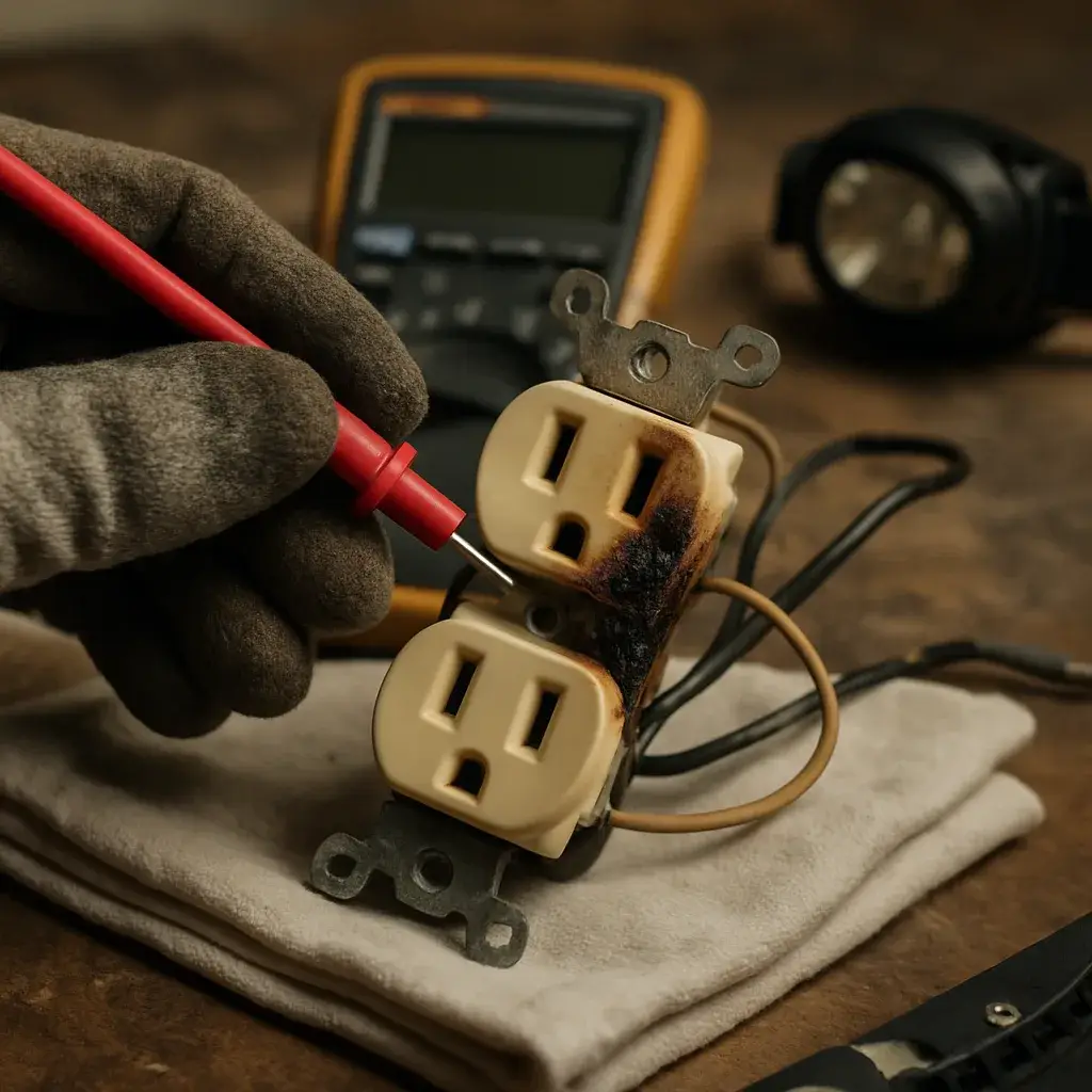 electrical-troubleshooting-scorched-outlet-cost-driver Close-up of scorched outlet and multimeter during electrical troubleshooting diagnosis