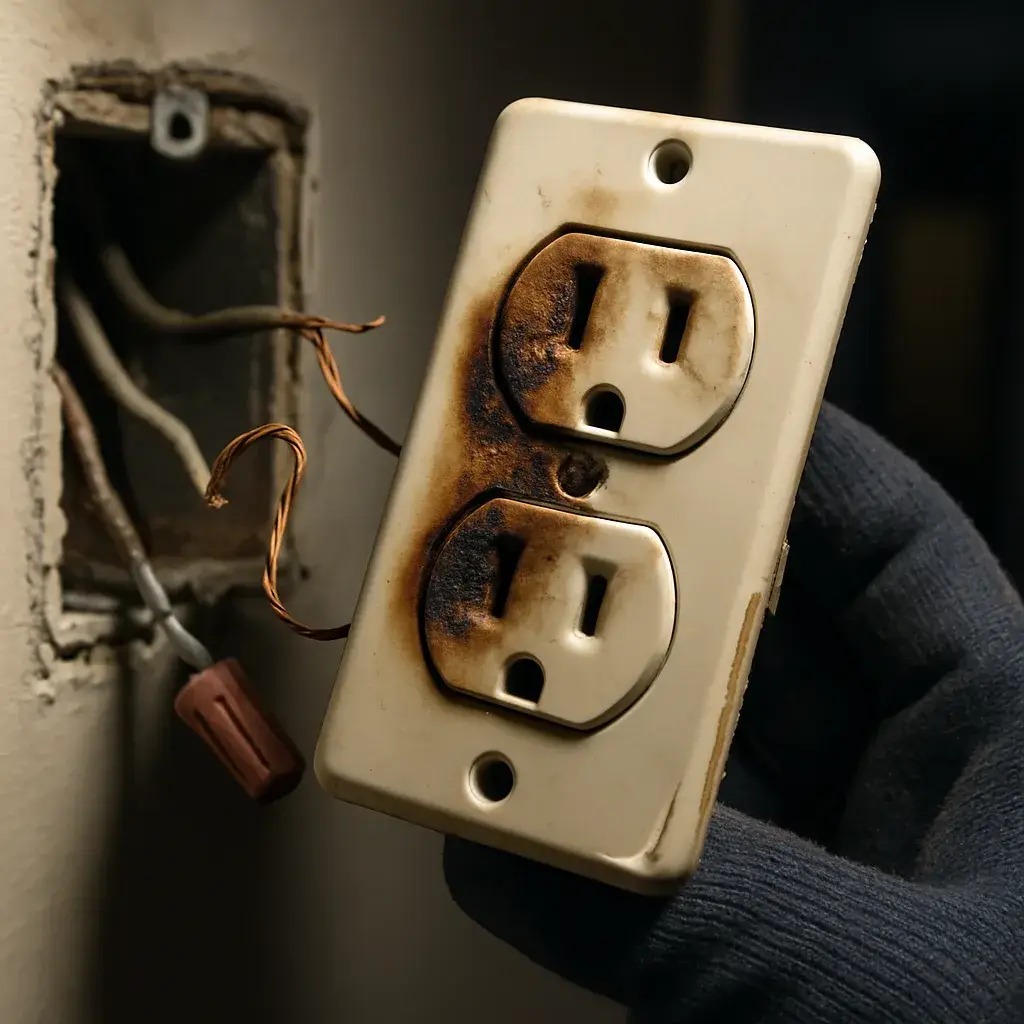 electrical-troubleshooting-scorched-outlet-wear-evidence Close-up of scorched outlet wiring found during electrical troubleshooting in Sunnyvale