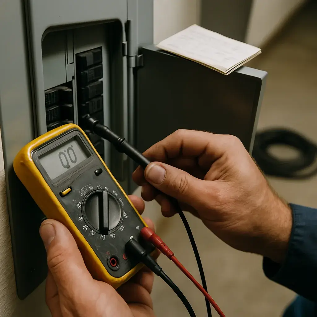 electrical-troubleshooting-multimeter-panel-diagnostic-detail Technician's hands testing electrical panel with multimeter during troubleshooting visit