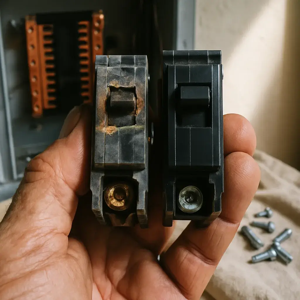 electrical-troubleshooting-breaker-comparison-repair-vs-replace Damaged versus new circuit breaker comparison for electrical repair in Sunnyvale