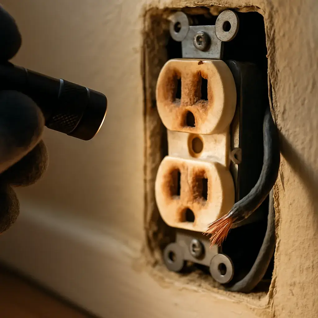 Close-up of scorched electrical outlet showing frayed wiring found during troubleshooting in Sunnyvale