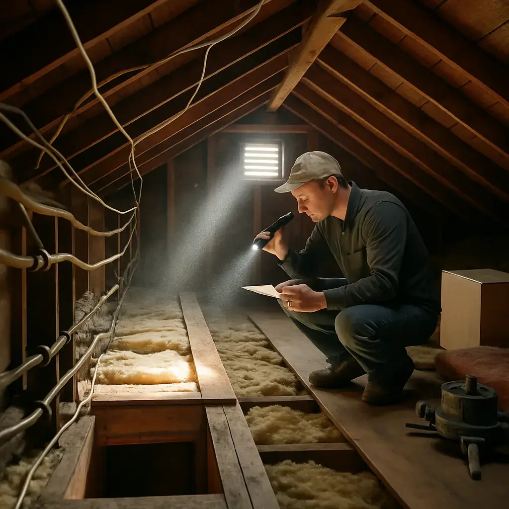Technician tracing old knob-and-tube wiring in attic during Sunnyvale electrical troubleshooting inspection