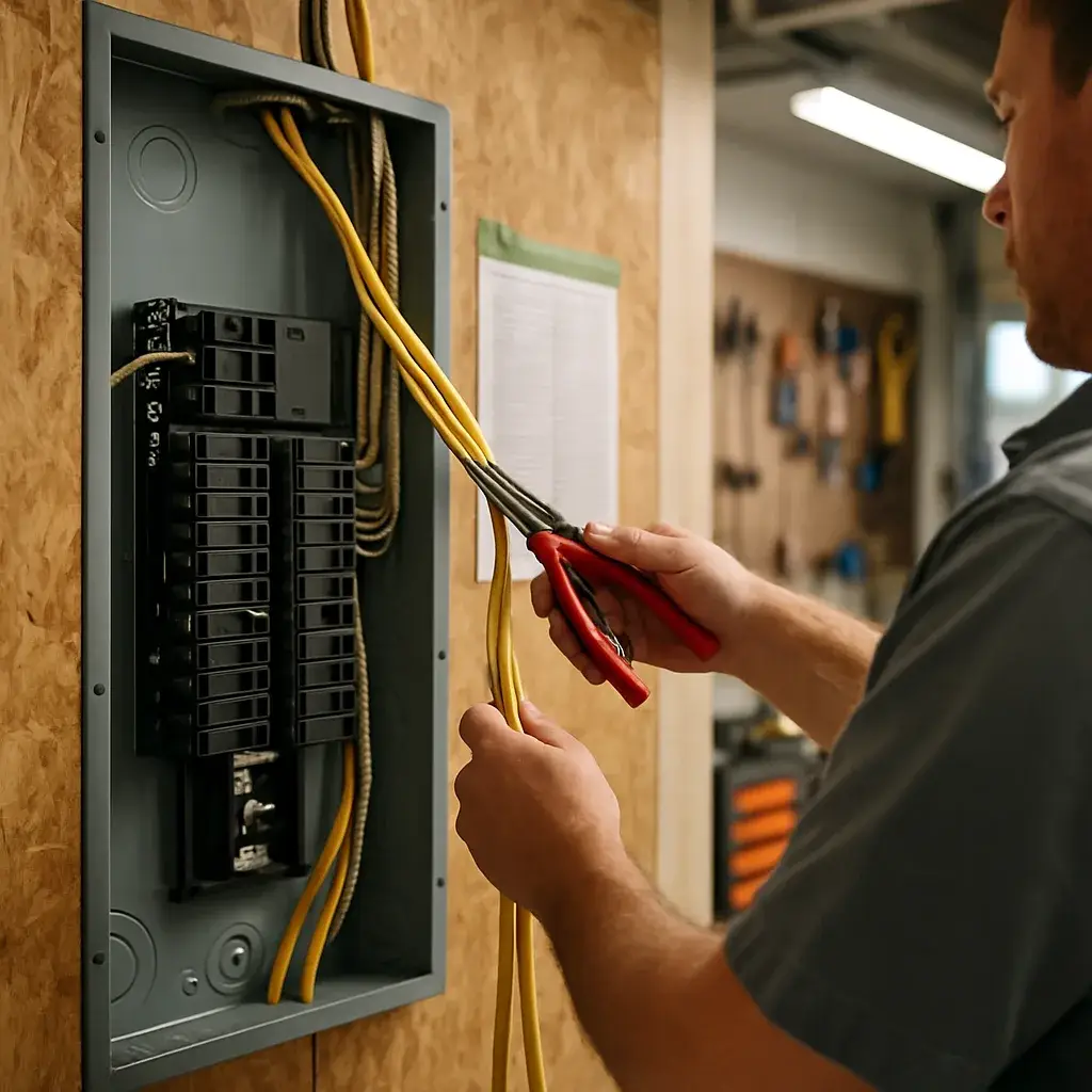 Technician installing new wiring in home electrical panel in Sunnyvale
