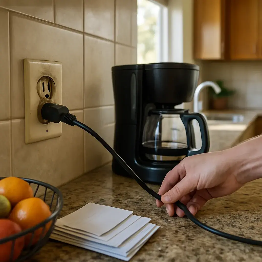 electrical-wiring-warning-signs-scorched-outlet-sunnyvale Homeowner noticing scorched outlet needing electrical wiring repair in Sunnyvale