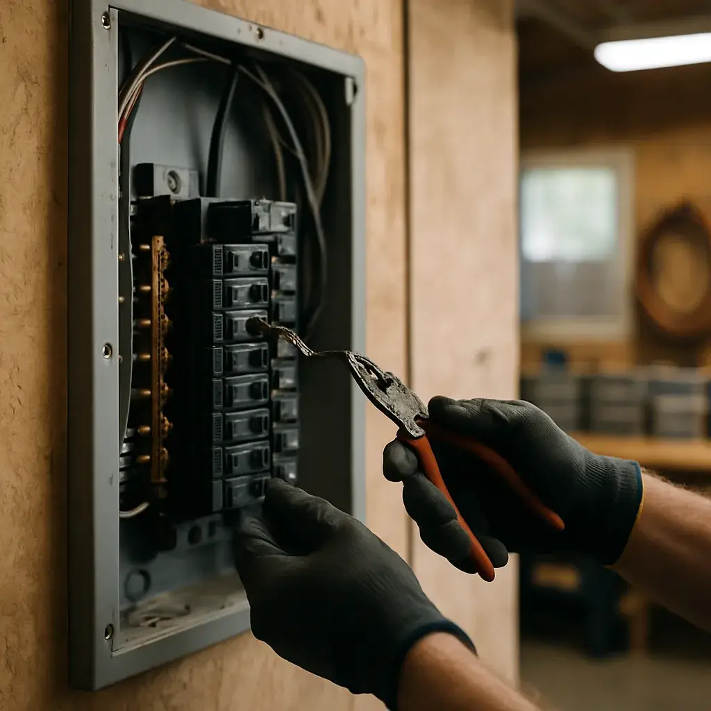 Electrician repairing frayed wiring inside an open panel, Sunnyvale electrical wiring repair