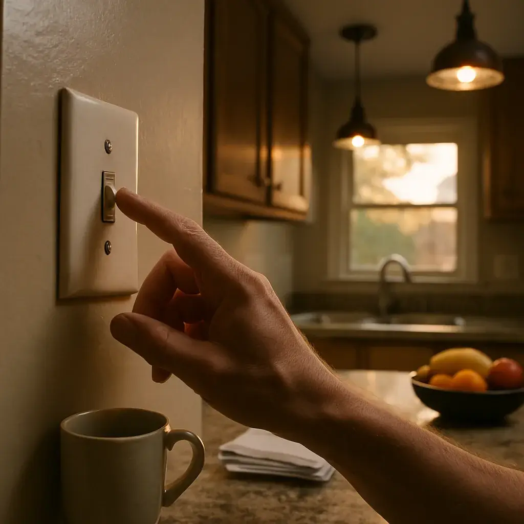 electrical-wiring-repair-flickering-lights-sunnyvale-home Homeowner flipping flickering light switch, sign of Sunnyvale electrical wiring repair need
