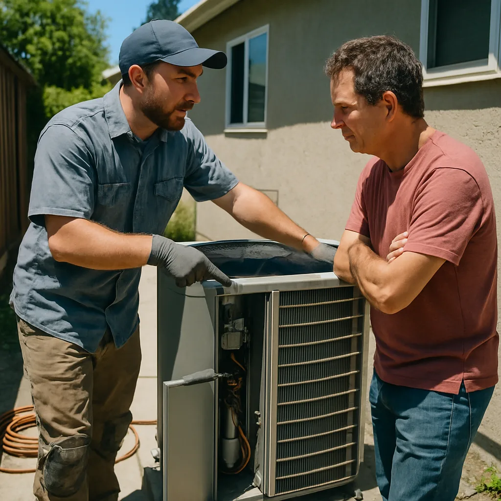 HVAC technician explains emergency repair cost to homeowner in Sunnyvale yard