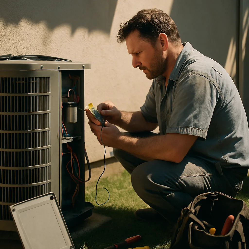 HVAC technician diagnosing AC unit failure during emergency service call in Sunnyvale
