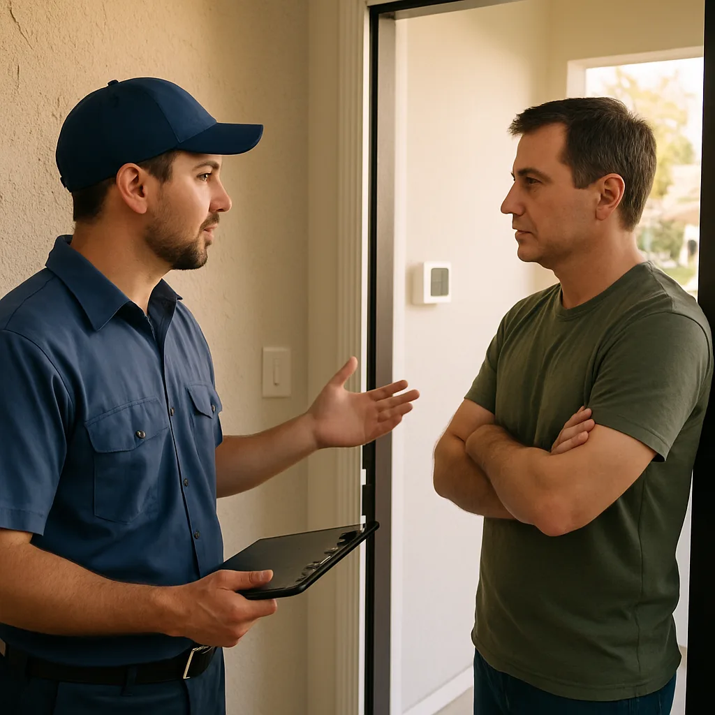 HVAC technician explaining a non-emergency repair option to a Sunnyvale homeowner