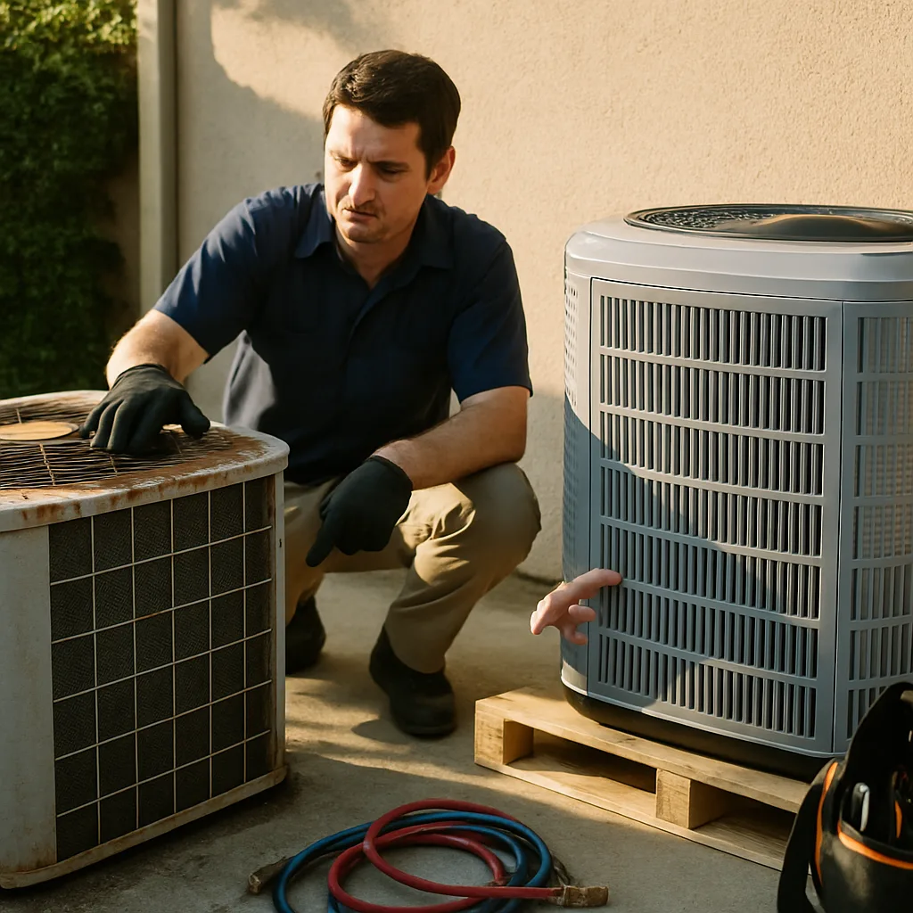HVAC technician comparing old and new condenser units during emergency repair visit