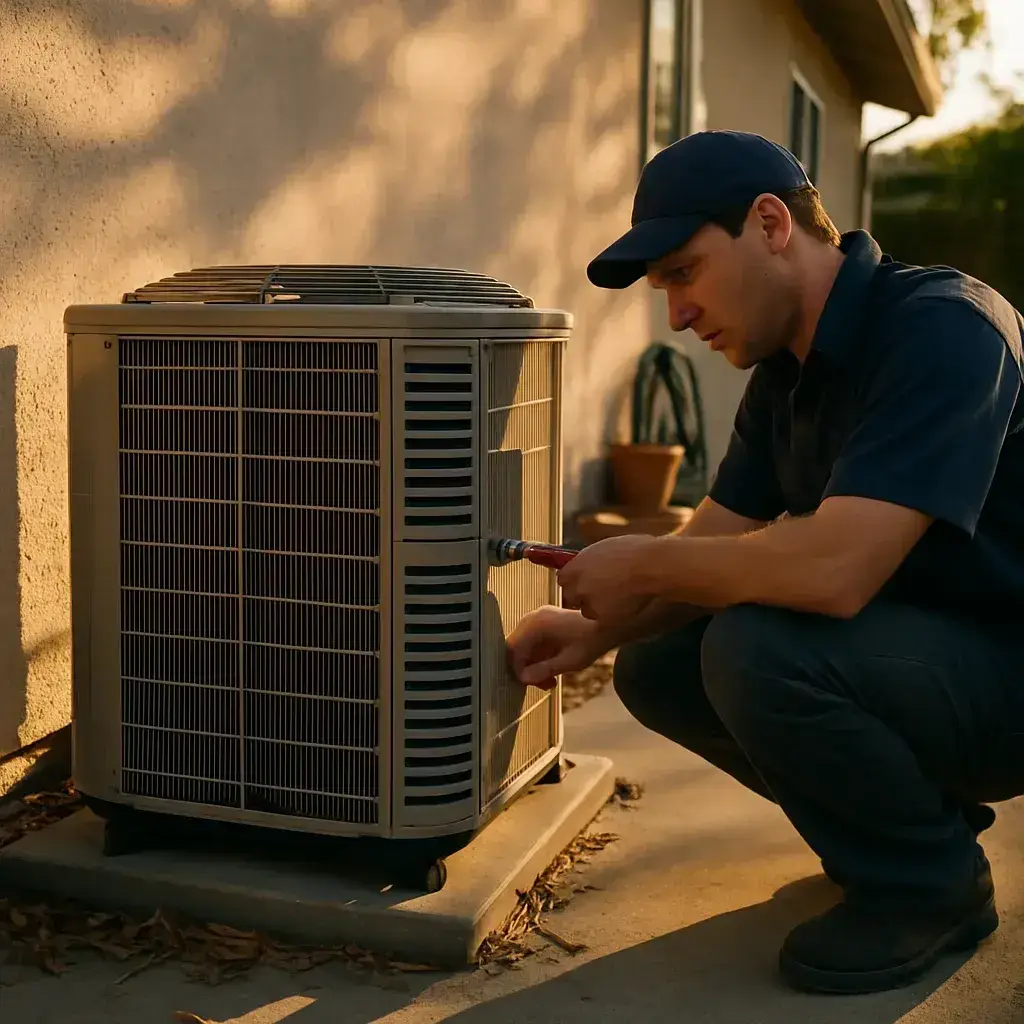 Technician repairing outdoor HVAC condenser unit during emergency service call in Sunnyvale