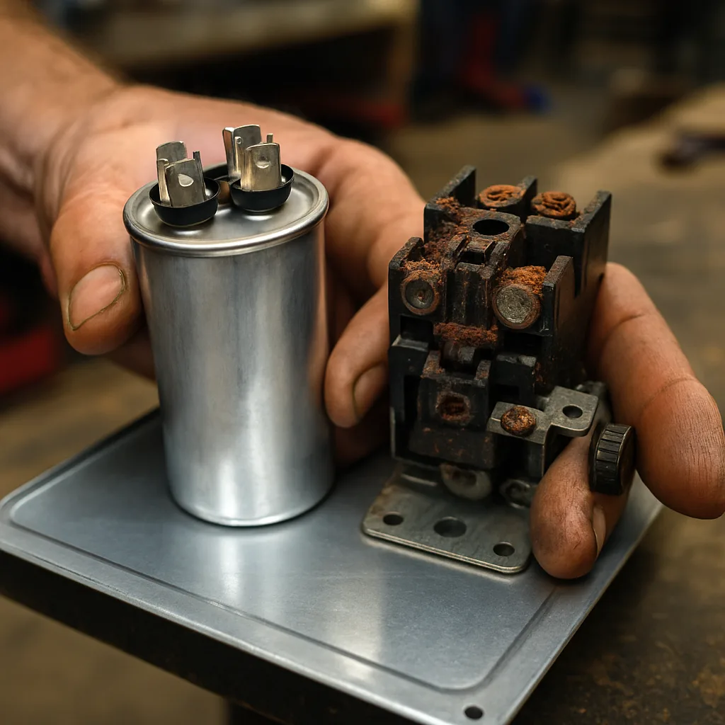 hvac-capacitor-contactor-failure-cost-driver-closeup Corroded HVAC capacitor and contactor parts causing emergency repair costs