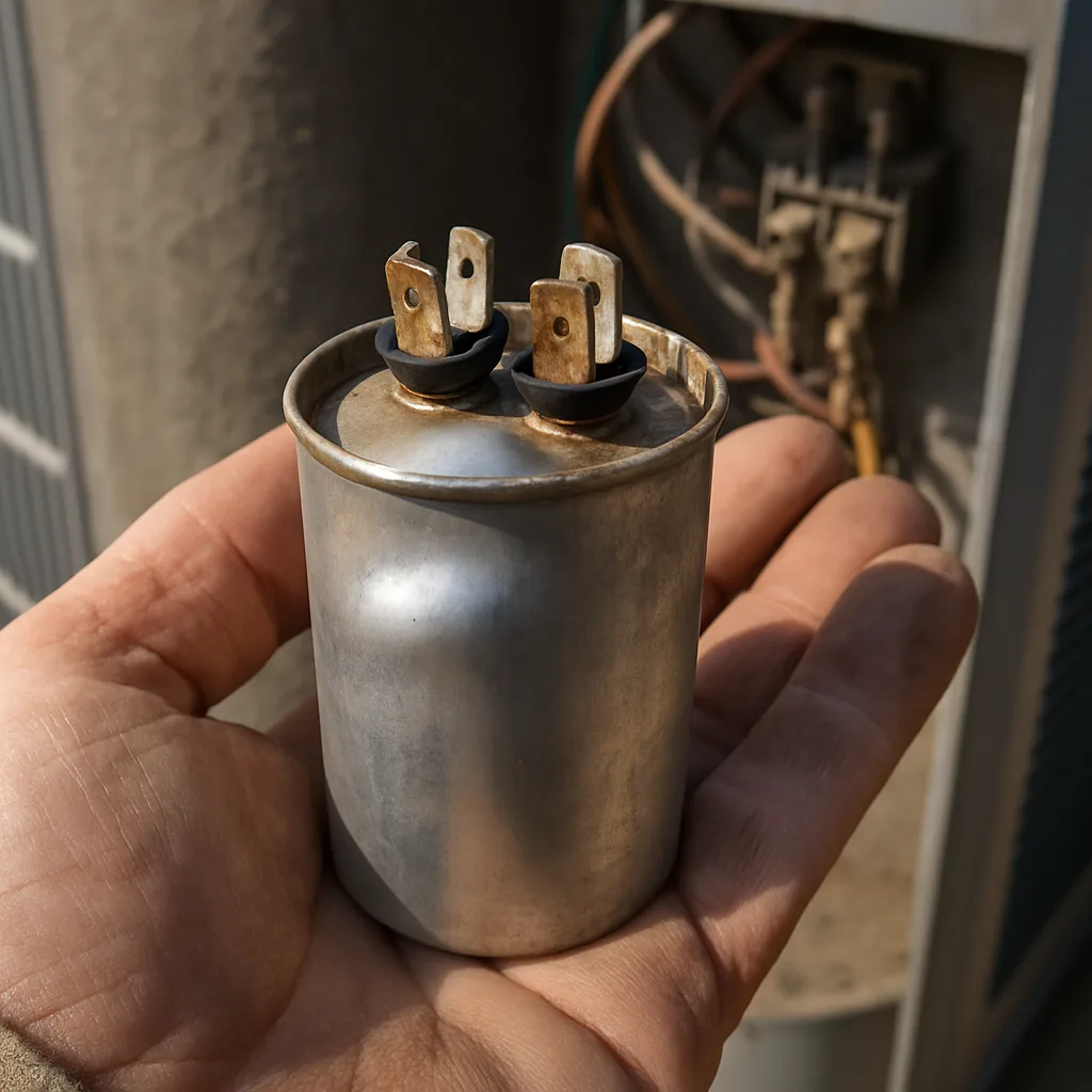 ac-capacitor-failure-bulging-case-evidence-closeup Close-up of bulging failed AC capacitor from emergency HVAC repair in Sunnyvale