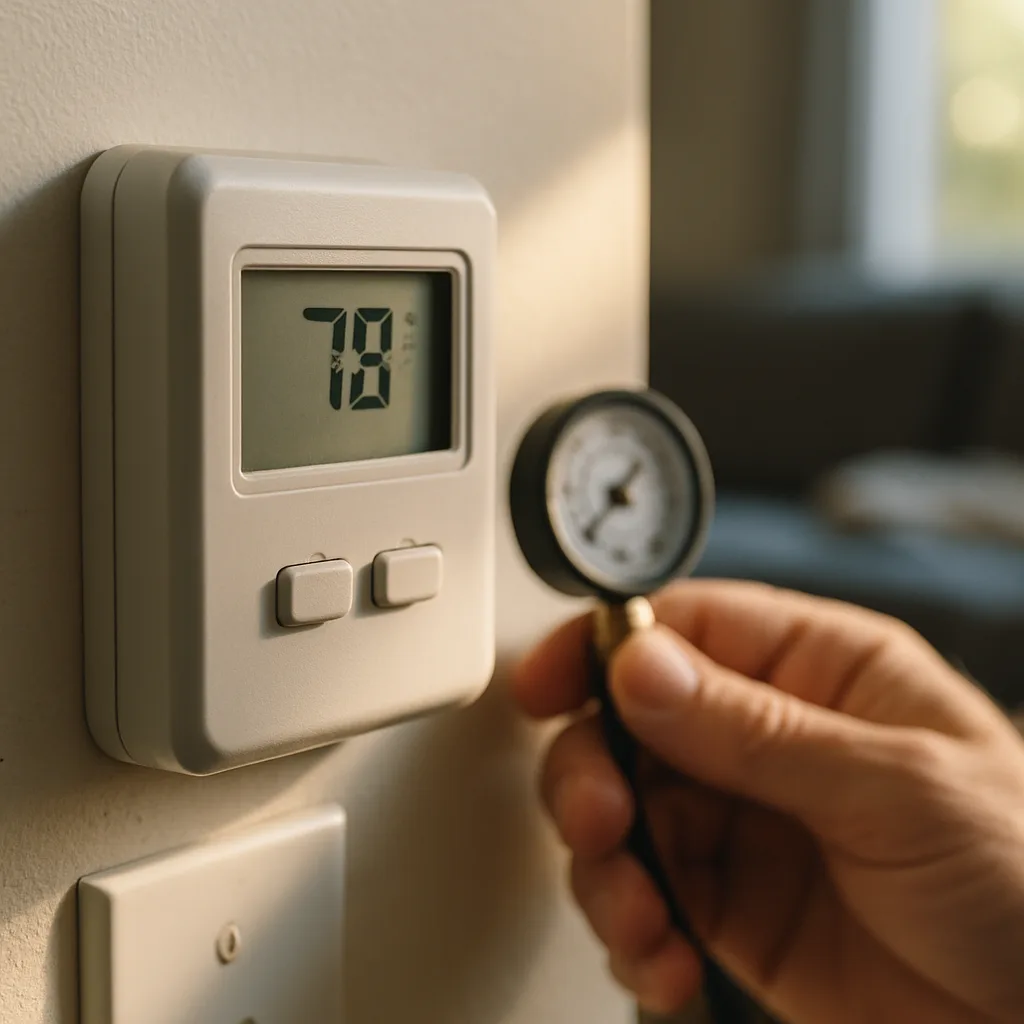 thermostat-livable-temperature-hvac-emergency-assessment Close-up of a home thermostat showing a livable temperature during an HVAC check