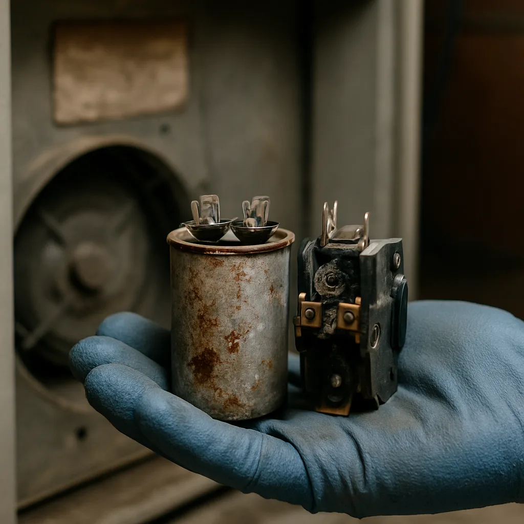 hvac-emergency-repair-failed-capacitor-contactor-closeup Close-up of failed HVAC capacitor and contactor removed during emergency repair diagnosis