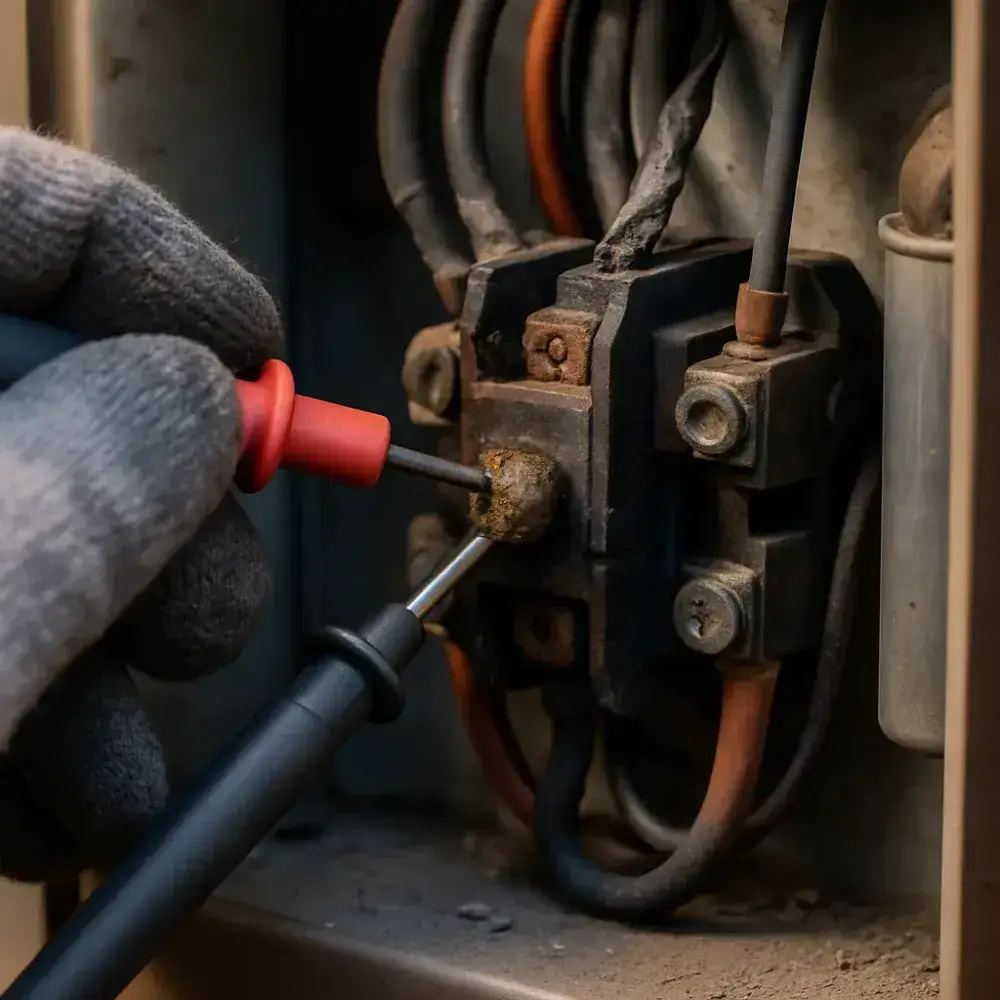 hvac-scorched-wiring-emergency-diagnostic-sunnyvale Close-up of scorched HVAC wiring signaling urgent emergency repair needed in Sunnyvale