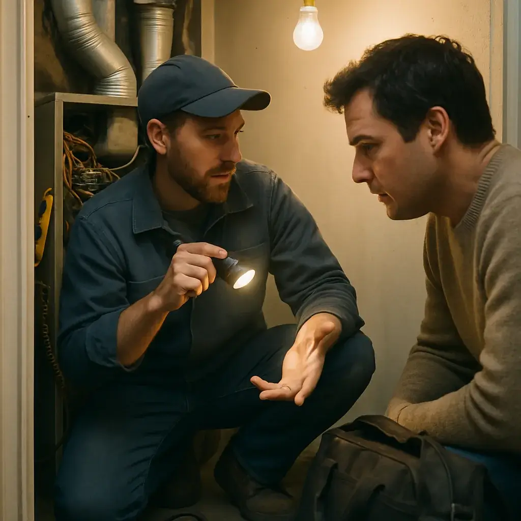 HVAC technician explains furnace repair cost to homeowner during Sunnyvale service call