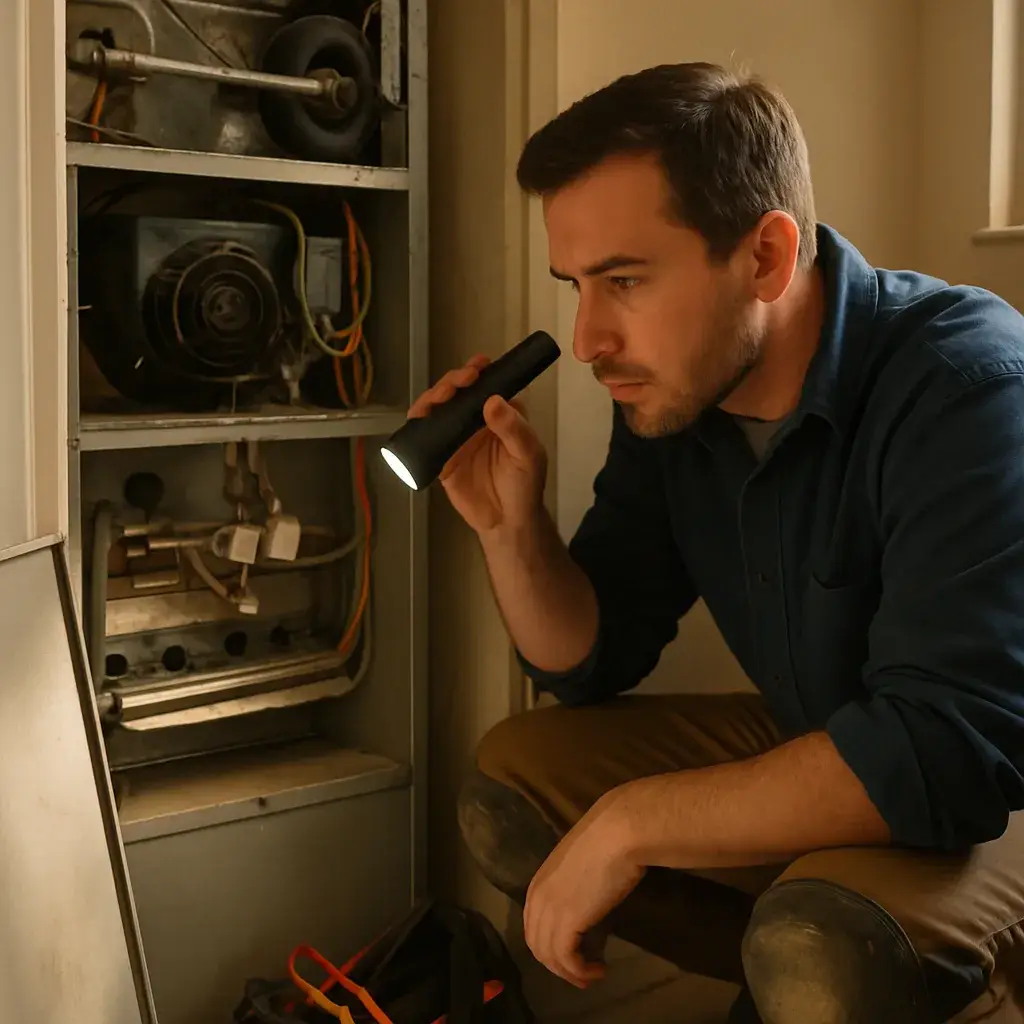 Technician inspecting furnace ignitor during no-heat repair call in Sunnyvale home