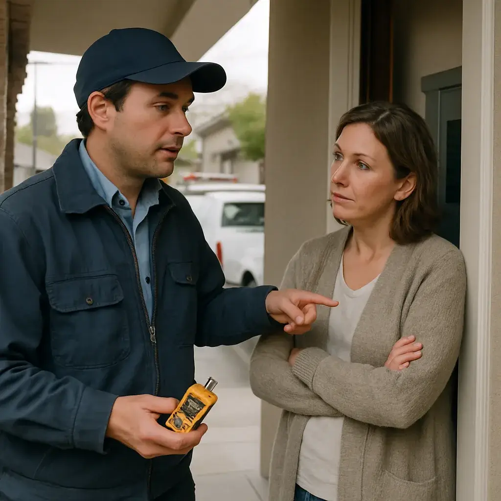 Furnace repair technician explains breaker issue to homeowner in Sunnyvale doorway