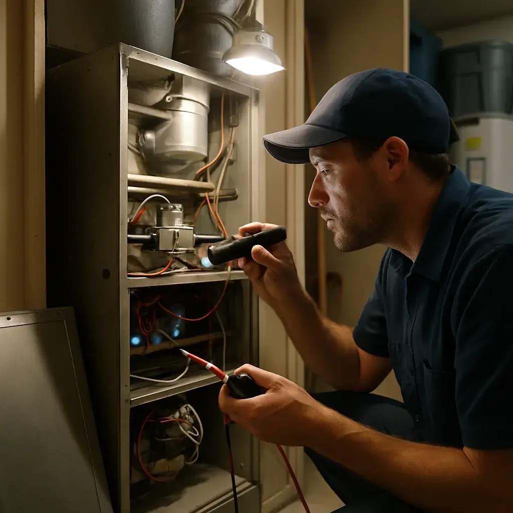 Technician testing furnace flame sensor during emergency no-heat repair in Sunnyvale home