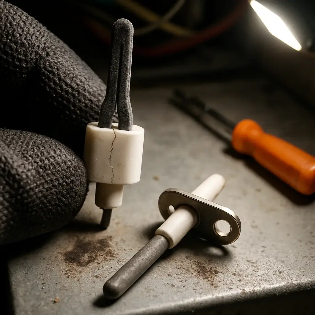 furnace-ignitor-flame-sensor-failed-parts-closeup Close-up of cracked furnace ignitor and corroded flame sensor, common no-heat repair parts