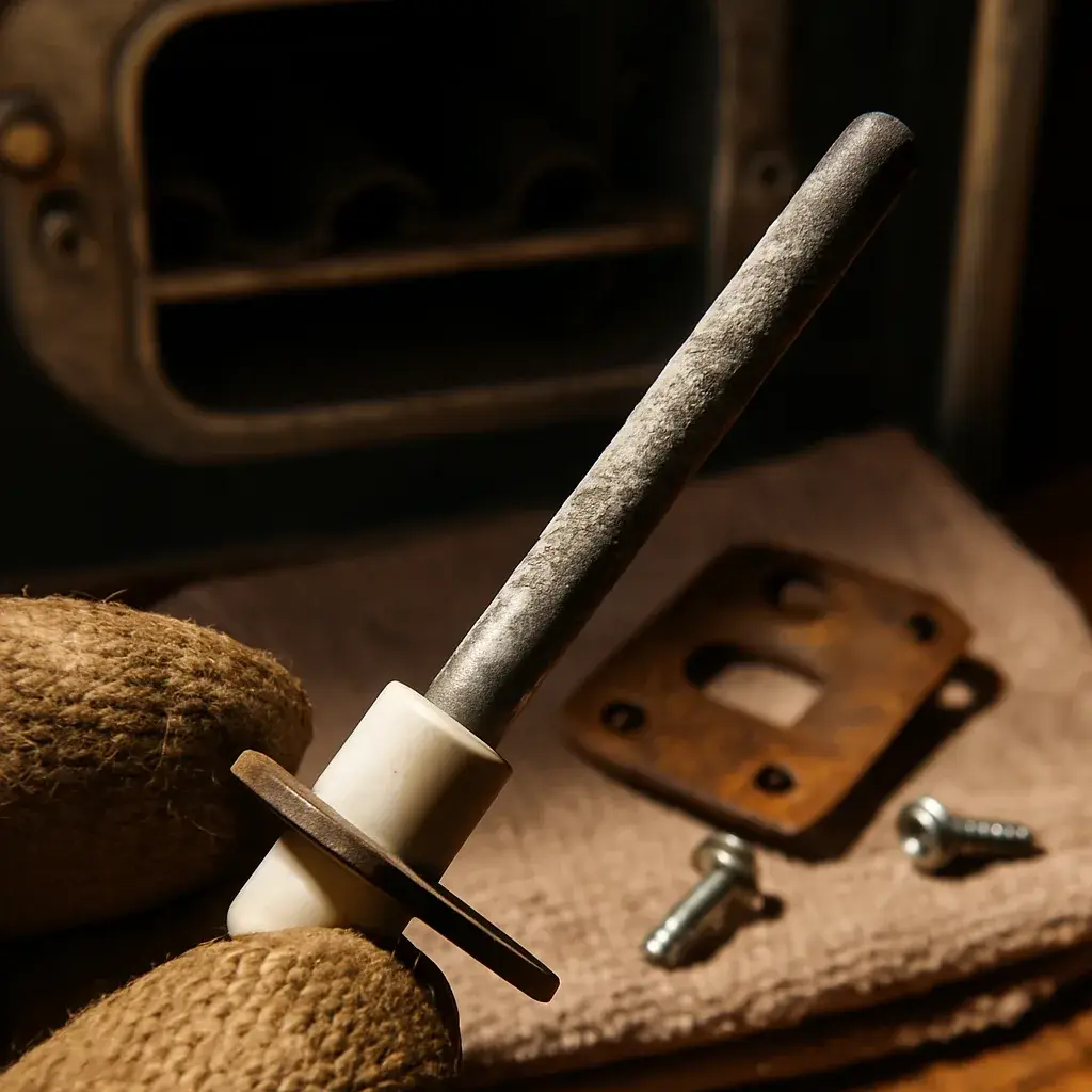 Close-up of corroded furnace flame sensor causing common no-heat repair issue