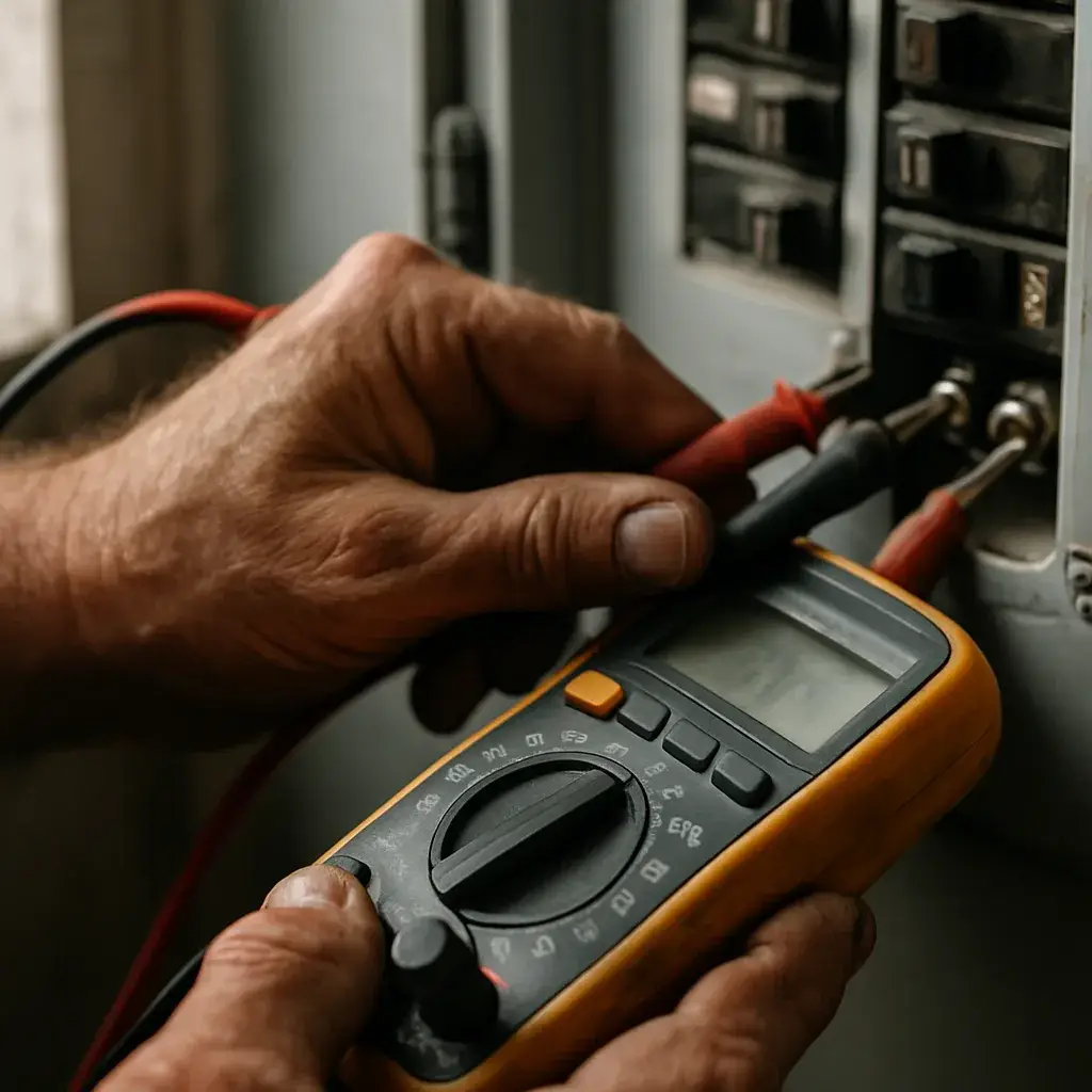 furnace-no-heat-diagnosis-multimeter-electrical-panel Technician tests electrical panel with multimeter during furnace no-heat diagnosis