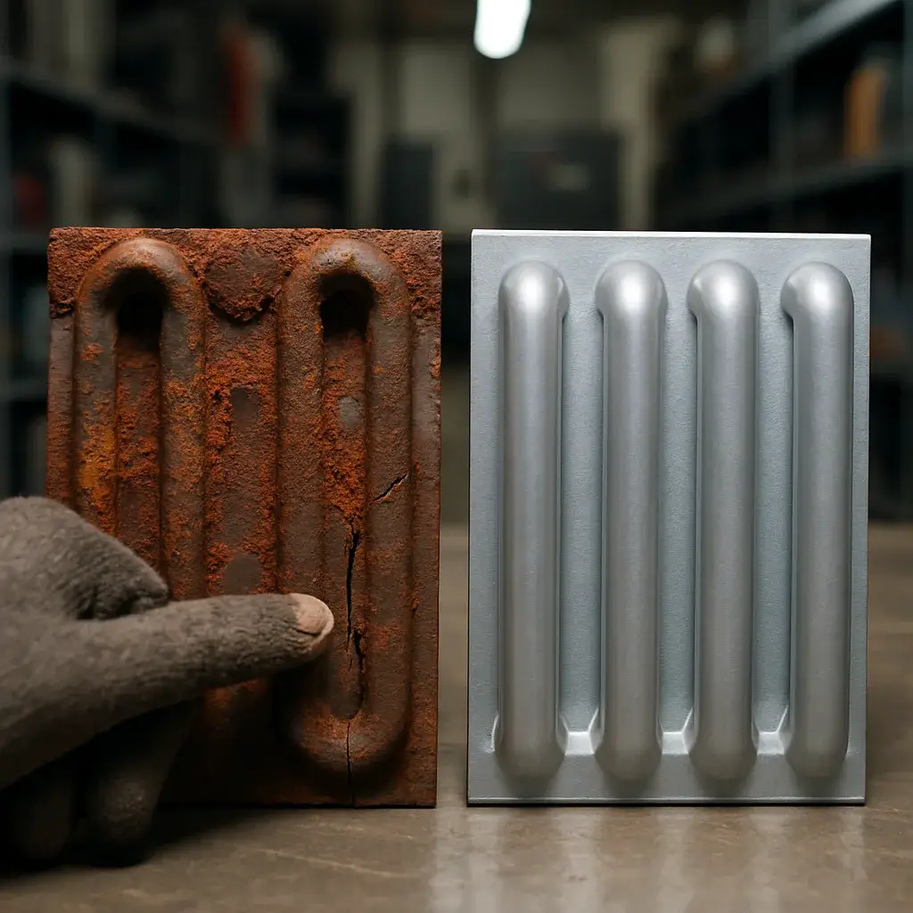 furnace-replace-decision-corroded-heat-exchanger-comparison Corroded old furnace heat exchanger beside a new one shows replacement decision