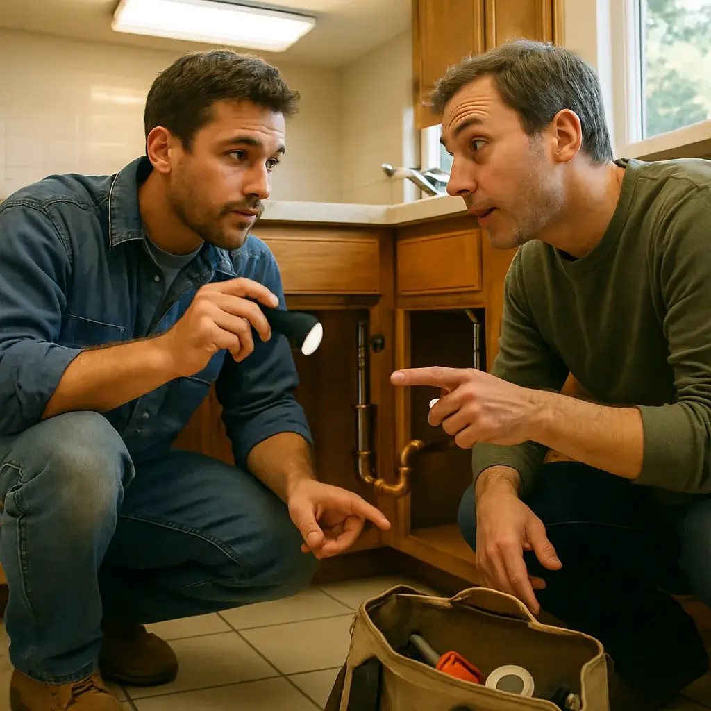 Plumber explains pipe repair to homeowner during emergency plumbing call in Sunnyvale